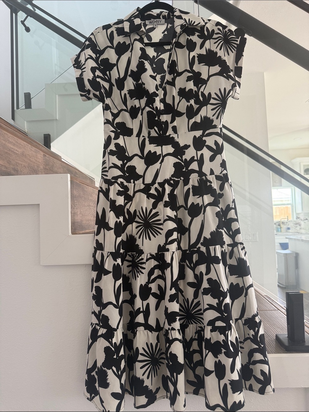 WD.NY Black and White Floral Tiered Midi Dress